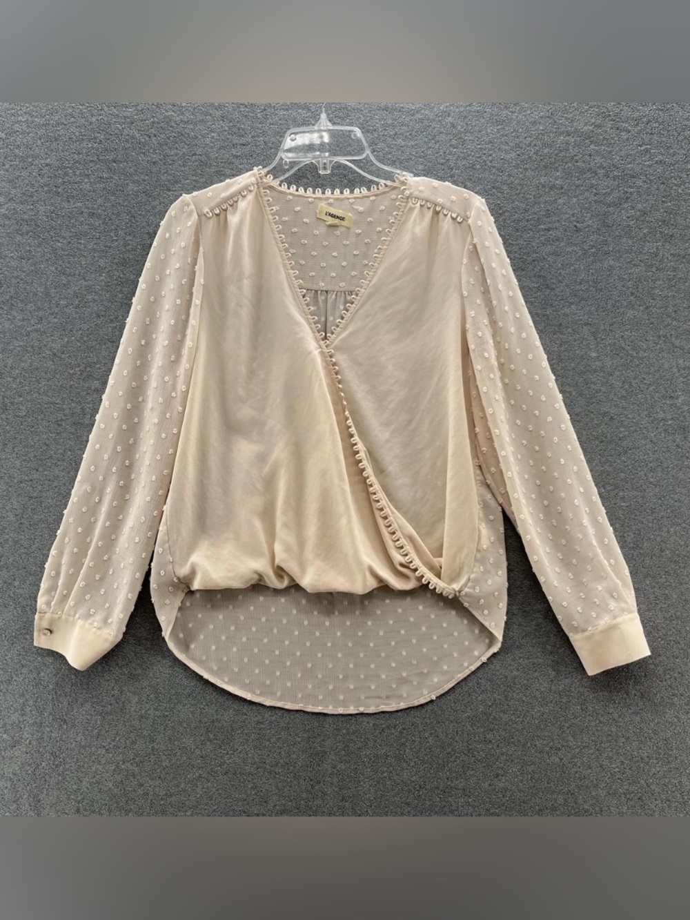 LAgence Shirt Womens Medium Cream Silk Swiss Dot V Neck Draped Tunic Blouse Top